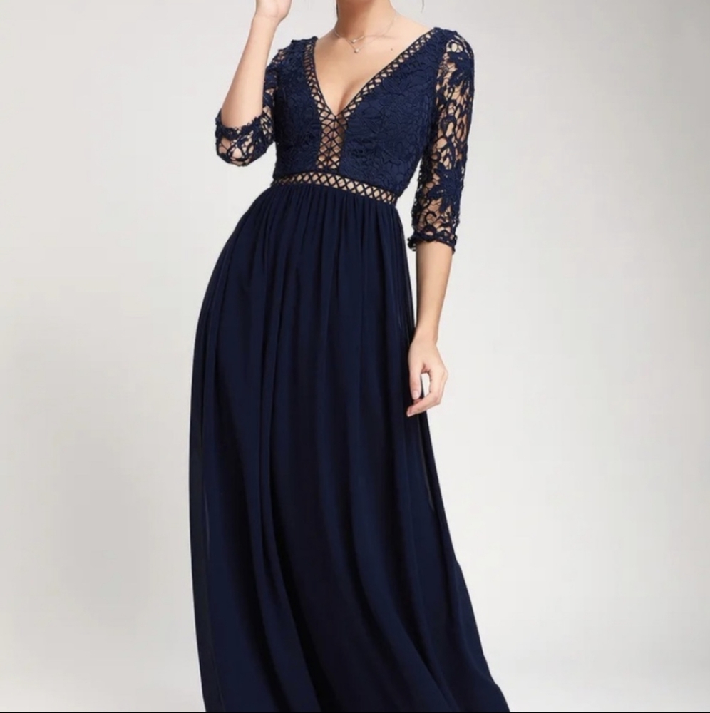 Lulu's Navy Crochet Sleeve Maxi Dress